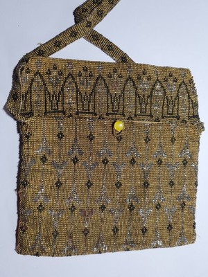 Antike Art Deco Tasche Anfang 1900 Gold, Silber und Schwarz Metall Perlen