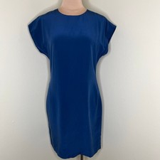 Vtg Antonia Collection 100% Silk Dress 8 Womens Blue Shift Mini Work Minimalist