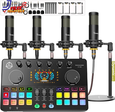 Podcast Equipment Bundle for 4 Audio Interface with 4 Dynamic Microphone 4 Deskt