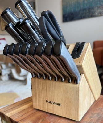 Farberware 14 Piece Wood Knife Block Set   13 Stainless Steel Knives + Scissors