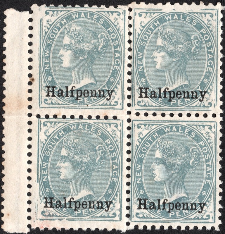 NEW SOUTH WALES QV 1891 1/2P ON 1P MARGINL MINT BLOCK-4 SC#A17A/92/GRAY/CRWN NSW
