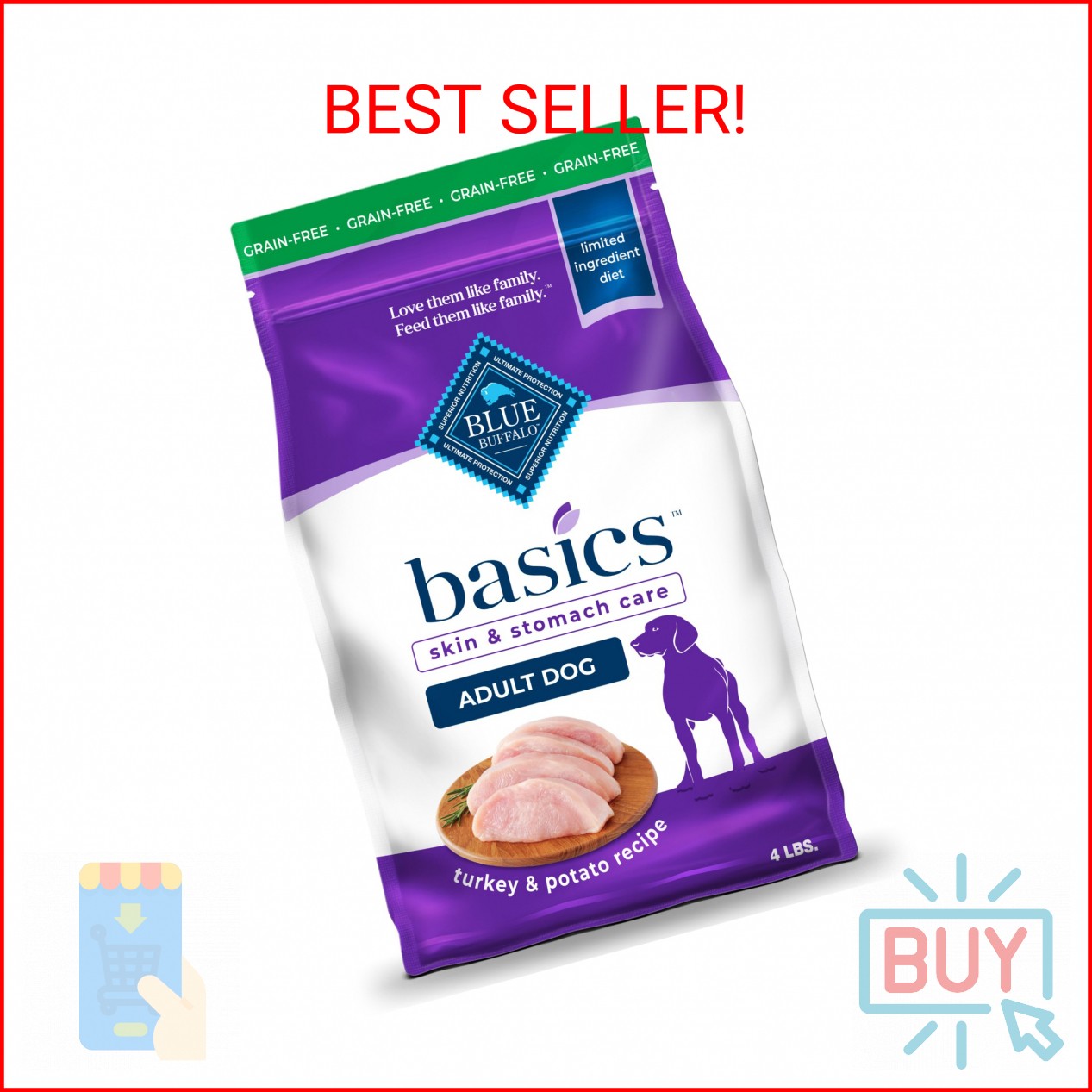 Blue Buffalo Basics Grain-Free Adult Dry Dog Food, Skin & Stomach Care, Limited 