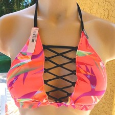 Victorias Secret PINK Vintage Swim Bikini Top S high neck halter neon lace up
