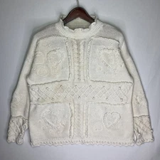 Rosanna Womens XL Cream Hand Knit Heart Ramie Cotton Sweater Vintage