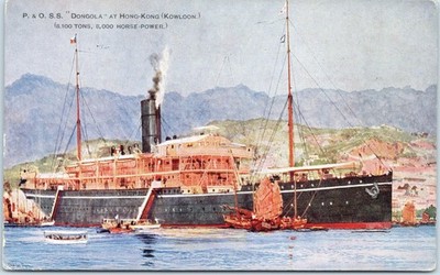 Kowloon Vintage Postkarte SS Dongola Schiff Hongkong Trödel 1. Weltkrieg künstlerisch