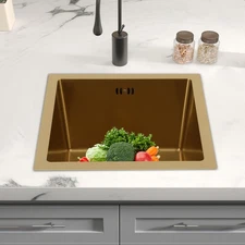 Stainless Steel Kitchen Sink Drop In Top Mount Single Bowl Gold 38 x 38 cm