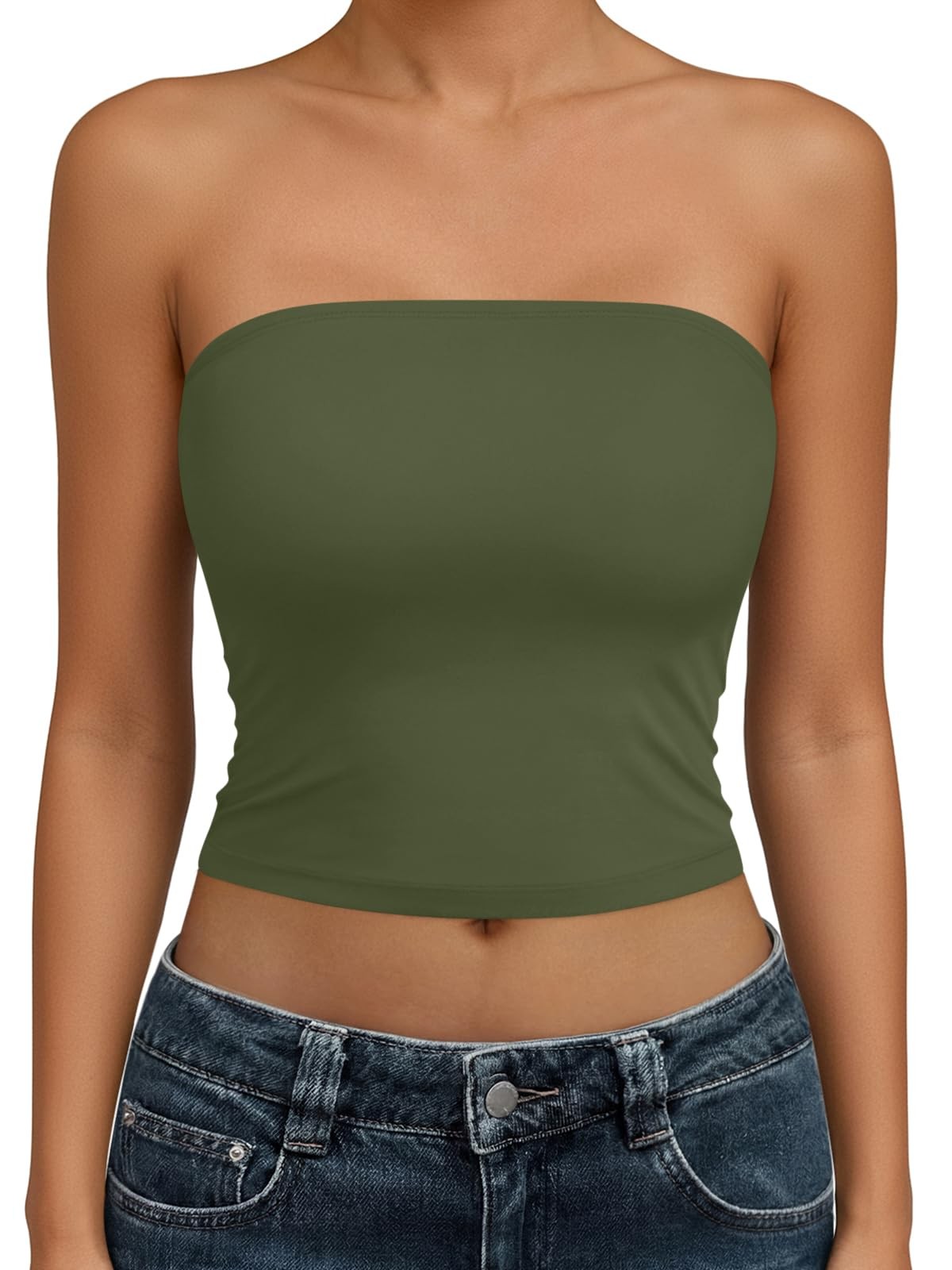 Trendy Queen Womens Tube Tops Strapless Crop Basic X-Small, Army Green