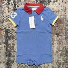 RALPH LAUREN Baby boys ROMPER PIQUE BIG PONY Blue Size: 12M NWT