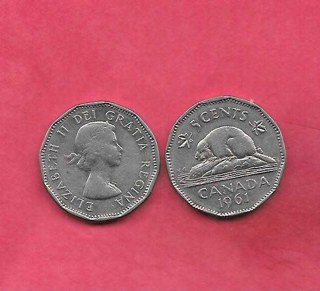 CANADA KM50A 1961  5 CENTS XF-SUPER FINE CIRCULATED OLD VINTAGE BEAVER COIN