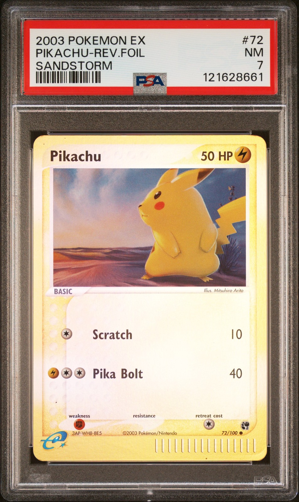 2003 POKEMON EX SANDSTORM #72 PIKACHU-REVERSE FOIL PSA 7