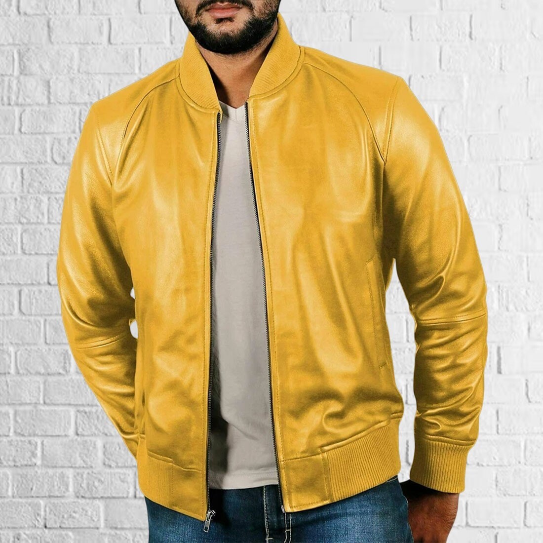 Men's Slim Fit Yellow Lambskin Bomber Leather Motorcycle Jacket