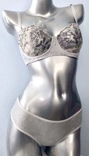 Victoria's Secret Bra Thong Panty Set Dream Angels Gray Jeweled Crystal
