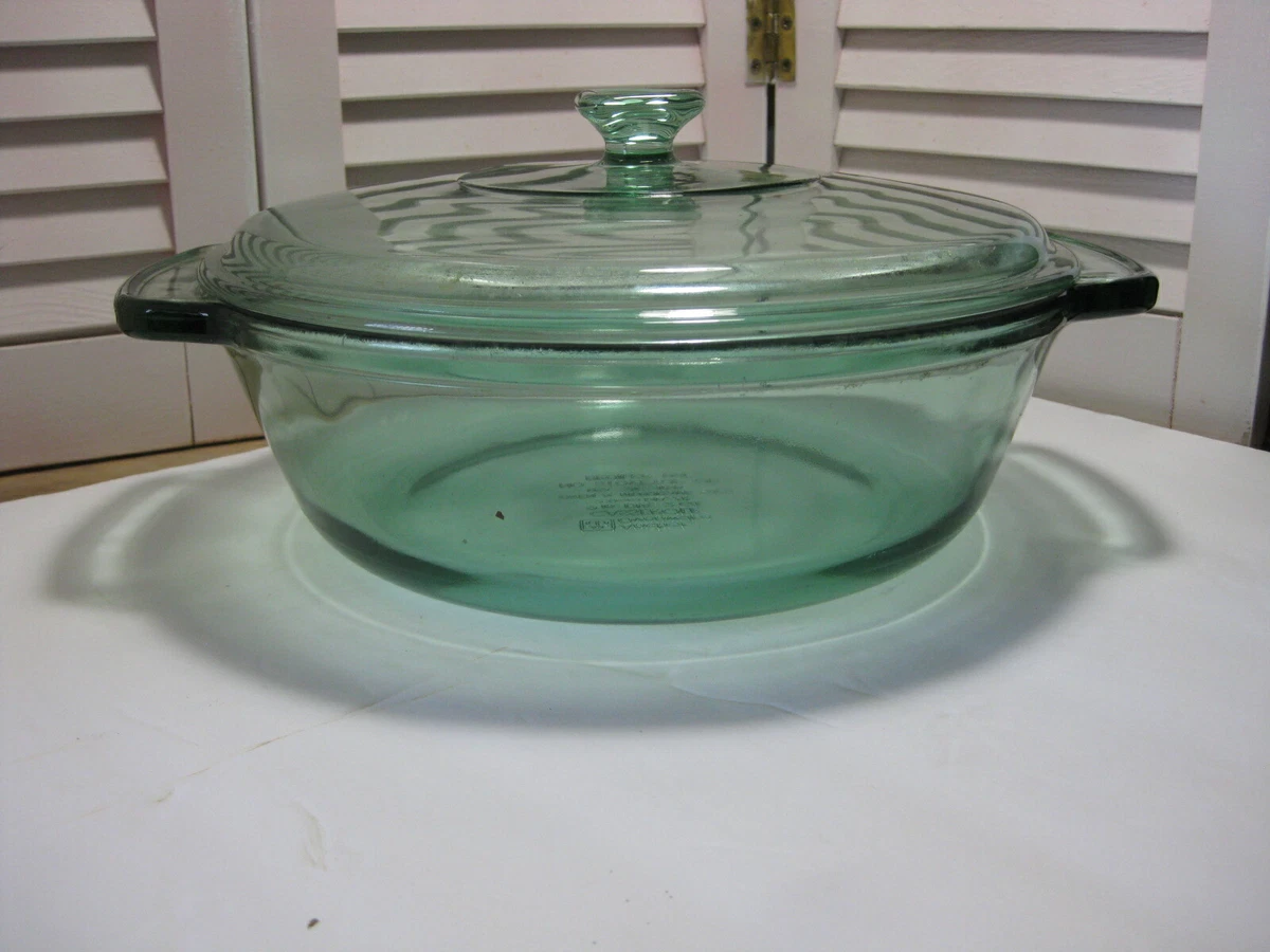 Vintage Anchor Ovenware #1038 Green Glass 2 Qt Casserole Dish W