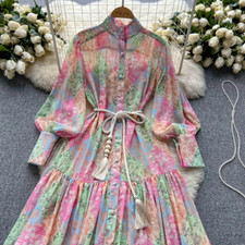 Ladies Chiffon Colorful Dress Floral Puff Long Sleeve Beachwear Holiday Boho New