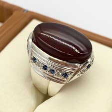 Yemeni Aqeeq Ring For Men, Natural Agate Rings, 925 Sterling Silver Aqeeq Ring