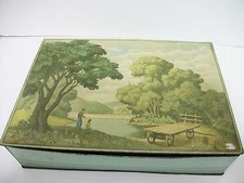 National Biscuit Company Tin Box Fishing Scene Hinged Lid Vintage NBC Tin