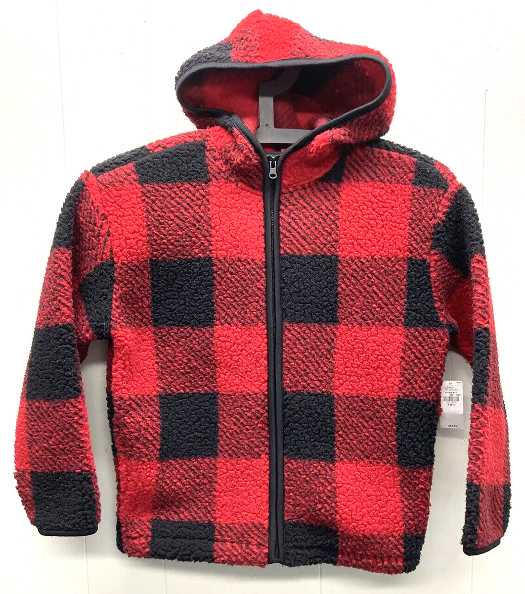 NWT Kids Old Navy Red Buffalo Plaid Sherpa Full-Zip Hoodie Size S 6-7