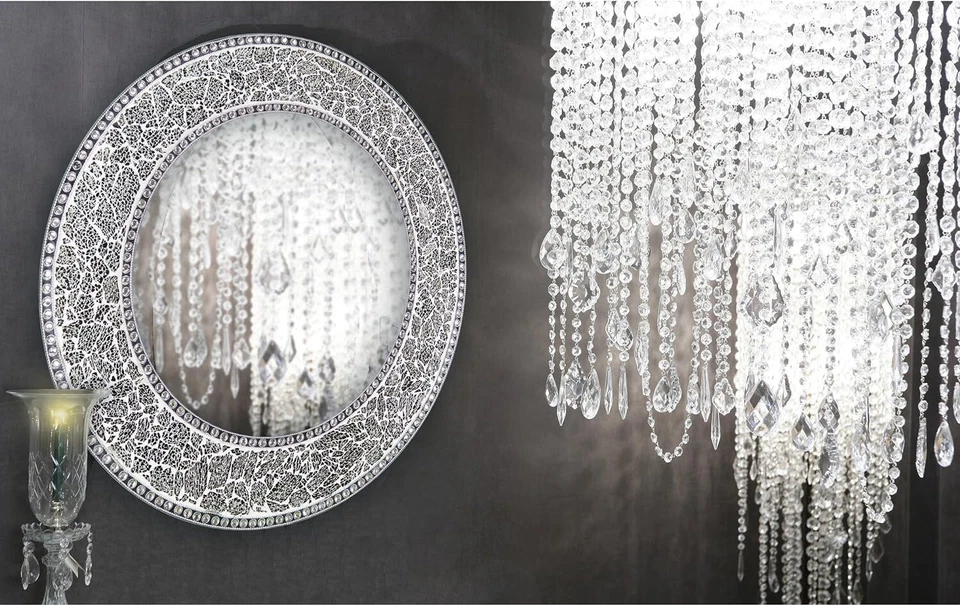 24" Silver Round Wall Mirror, Crackled Glass Mosaic, Decorative Mirror - Image 4 of 4