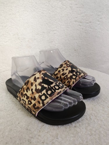 Adidas Women Adilette Sandals 6 Brown Animal Print Comfort Slides Flat Shoes