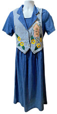 Vintage Donna USA Dress M Blue Denim Maxi Attached Vest Floral Appliqu� Birdhous