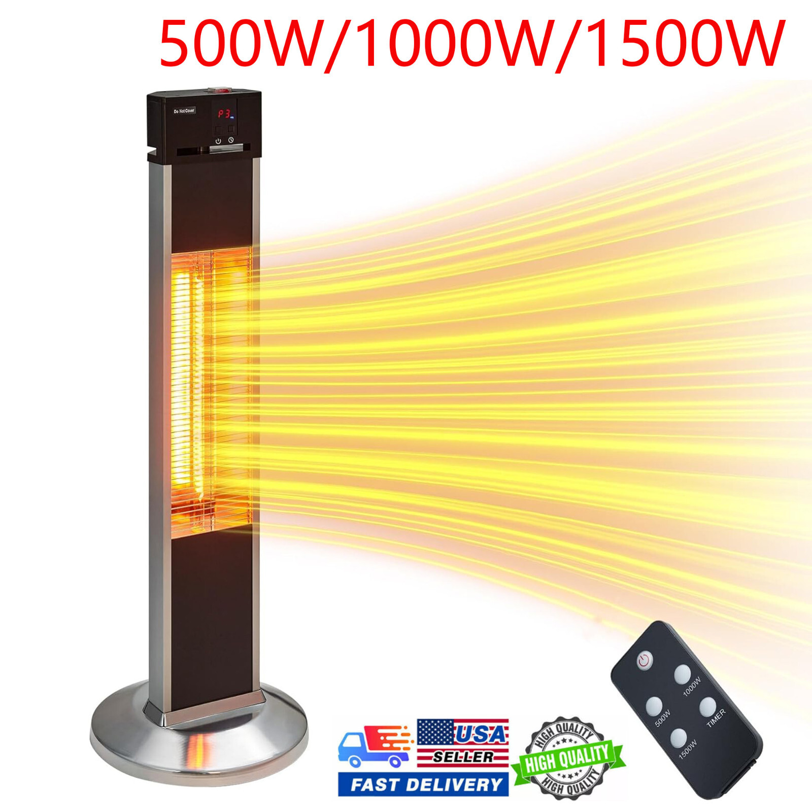 1500W Electric Patio Heater Portable 3 Heating Level W/ Timer & Remote Control