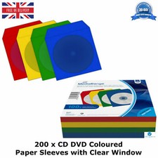Image of 200 x Coloured Paper Sleeves for 1 CD DVD Disc Flap & Window Assorted Colors New