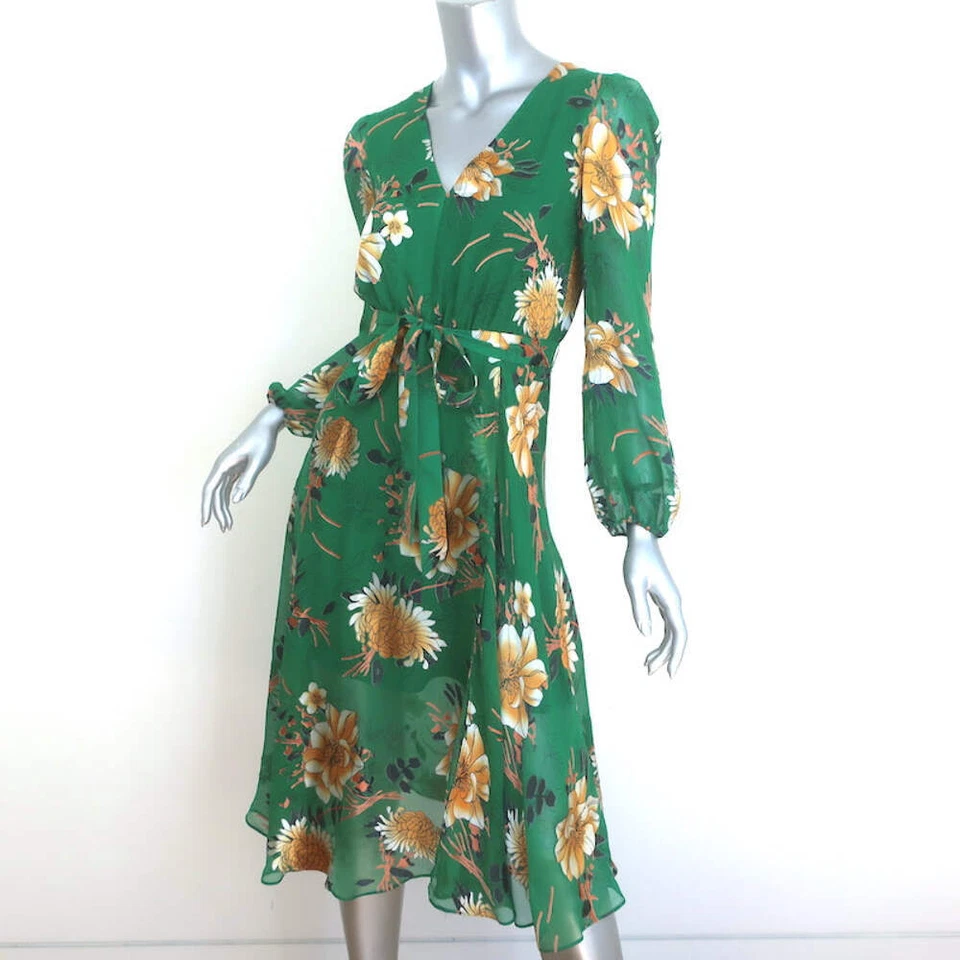 Alice + Olivia Coco Midi Dress Green Floral Print Fil Coupe Chiffon Size 2 - Image 2 of 4
