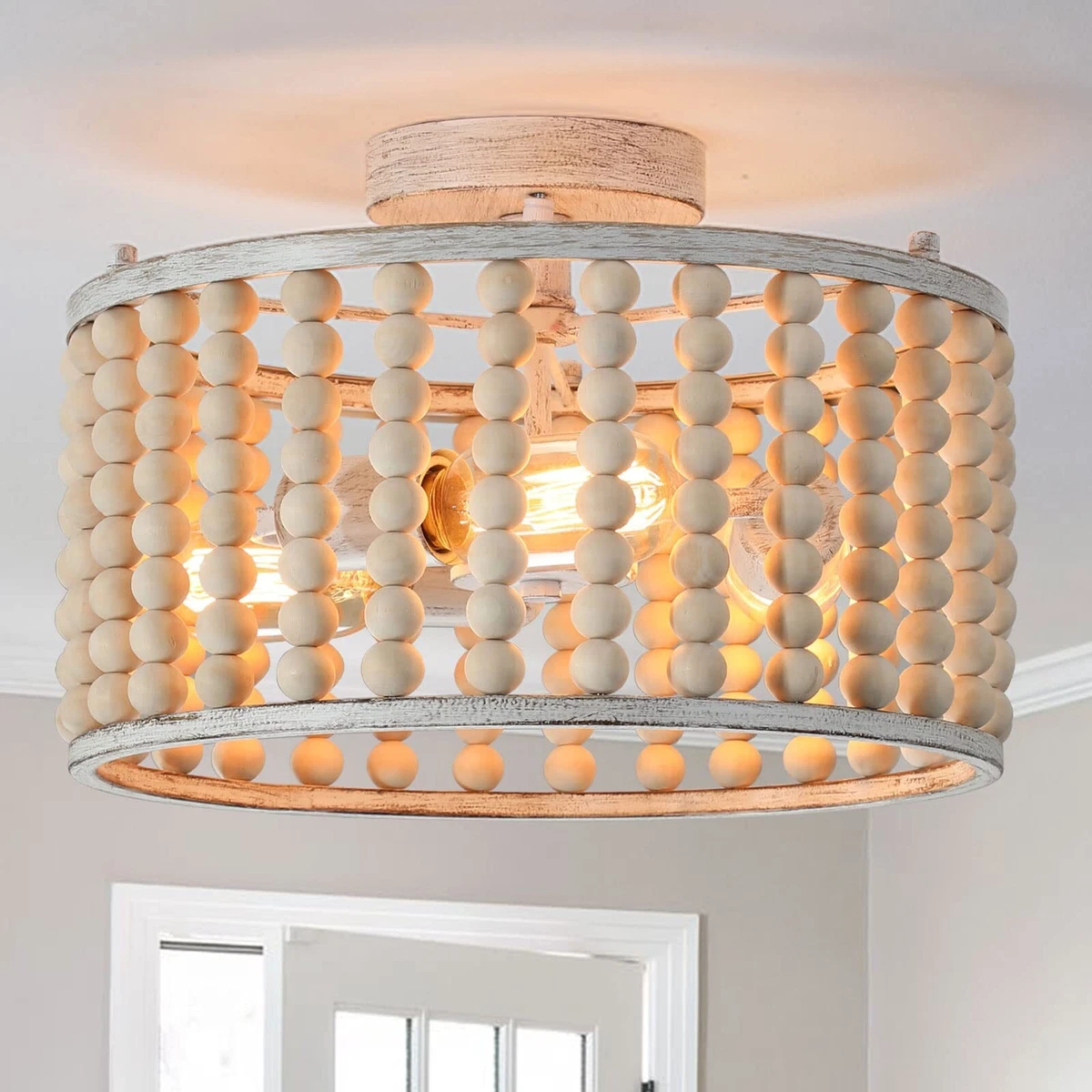 tewei Wood Beaded Boho Chandelier Light Fixture Semi Flush Mount Ceiling Lig