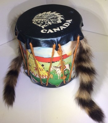 Vintage Indian Tom Tom Drum Play Toy Canada Souvenir With Two Fur Raccoon Tails