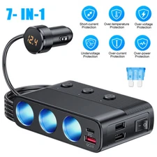3-Way Car Cigarette Lighter Socket Splitter USB Fast Charger Power Adapter 12V