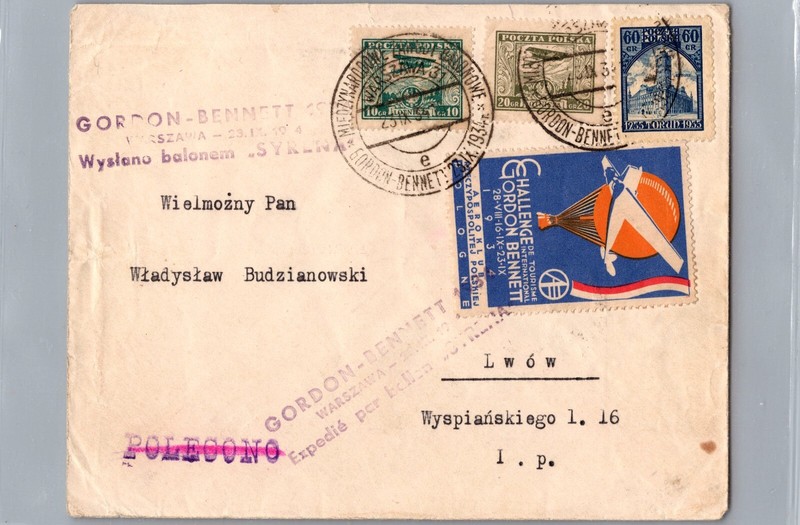 1934 Bialystok Poland Gordon Bennet Ballon Flight Airmail Cover to  Lwow