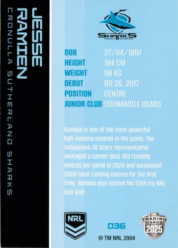 2025 Cronulla Sharks NRL TLA Traders Card - Jesse Ramien - Picture 2 of 3