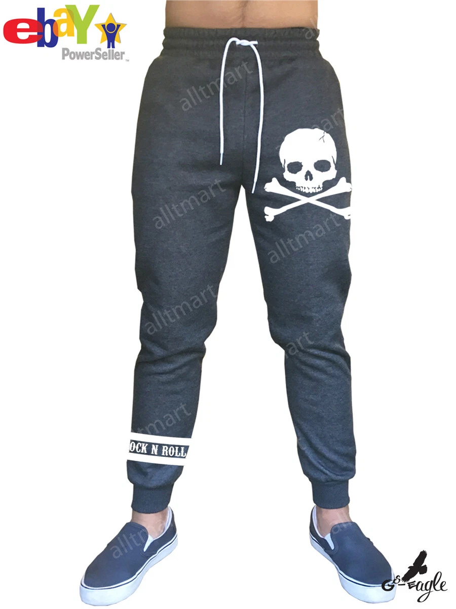 NEW MEN'S SKULL ROCK N ROLL FLEECE JOGGERS MMA FUNNY GYM SWEAT PANTS  SWEATPANTS