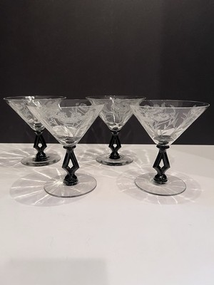 Morgantown Glass Set of 4 VICTORIA REGINA Ebony Open Stem Champagne Goblets