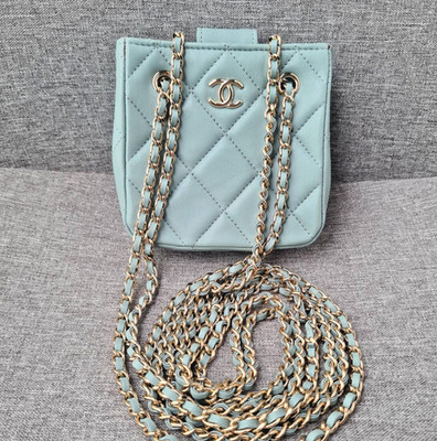Chanel Lambskin Quilted Mini Shopping Clutch with Chain Torquoise - Golden Hard