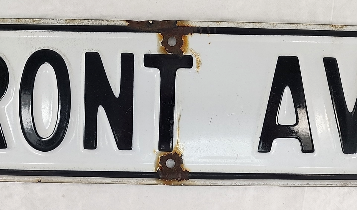 Vintage Porcelain Enamel White & Black Embossed Street Sign FRONT