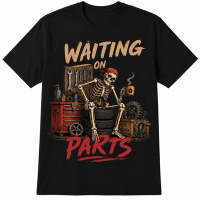 Waiting On Parts Funny Mechanic Skeleton Graphic T-Shirt Garage Humor Tee