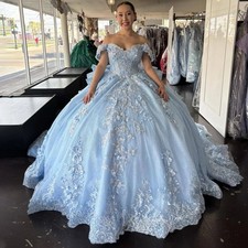 Sky Blue Quinceanera Dresses Off Shoulder Lace Appliques Ball Gowns Sweet 15 16