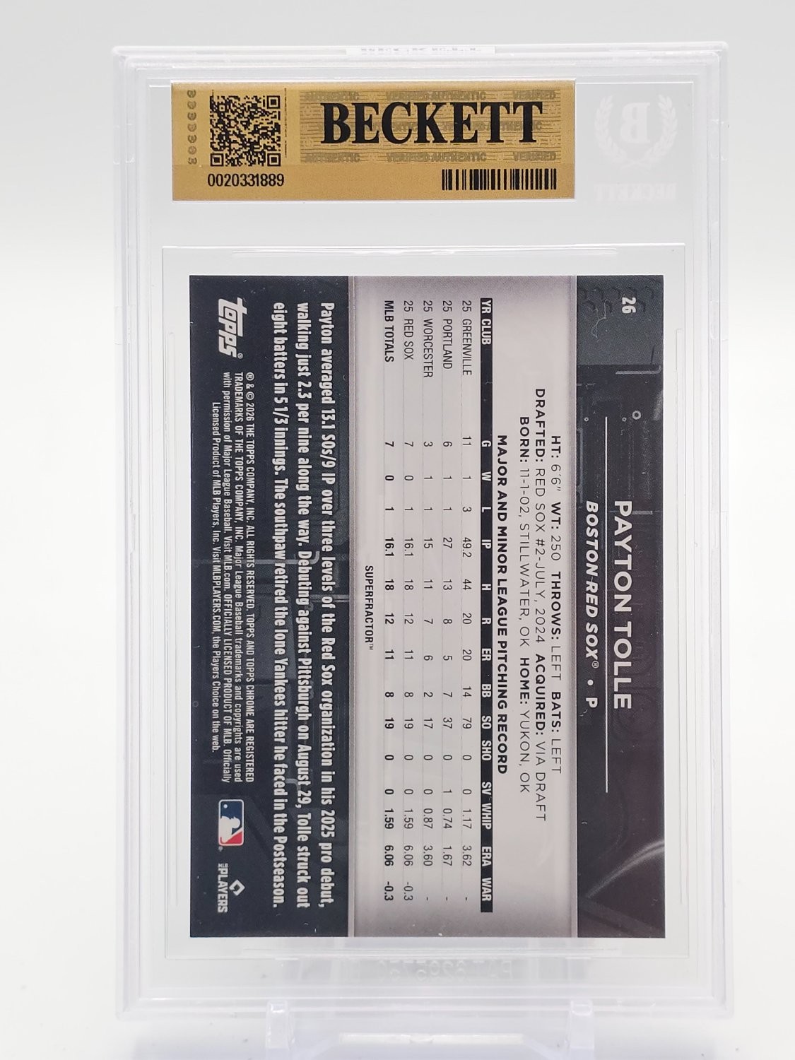 PAYTON TOLLE 2026 TOPPS CHROME BLACK RC DESIGN SUPERFRACTOR 1/1 BGS 9.5 Q7809 view 2