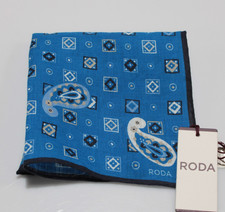 Roda NWT 100 Linen Pocket Square In Blue w/ Beige, White Black Paisley