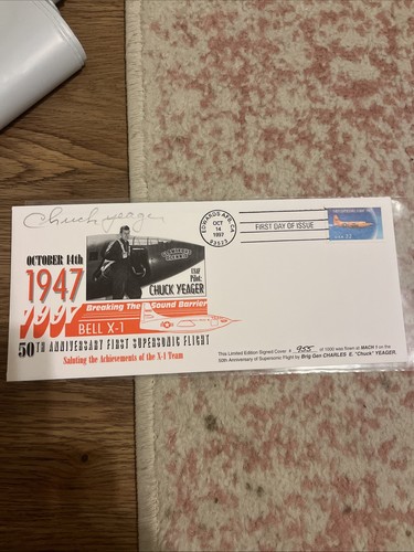 Chuck Yeager Signed Cover - Flown At Mach 1 On 50th Anniversary 955/1000