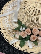 Vtg Lot Of 2 Doll Woven Straw Hats Ribbons Cloth Flowers Craft Pet Supplies Pink