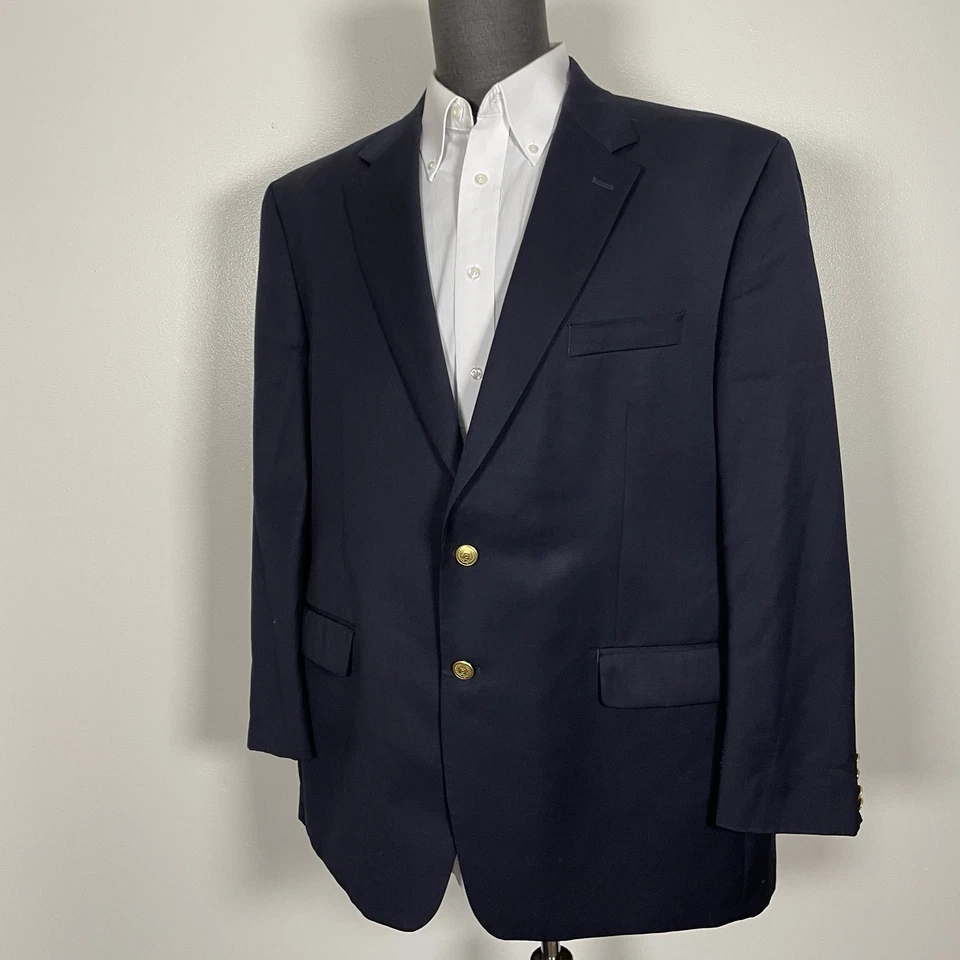 Chaps Blazer Jacket Mens 48R Navy Blue Solid Wool Brass Metal Buttons - Image 3 of 4