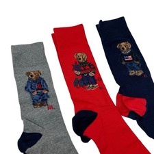 Polo Ralph Lauren Bear Crew Socks Mens 10-13 Cotton Gift Box 3 Pack Red Gray