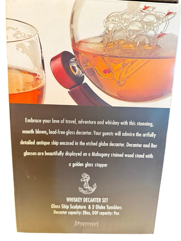 Galleon Whiskey Decanter Set Glass Globe and 2 Globe Tumblers New - Image 2 of 3