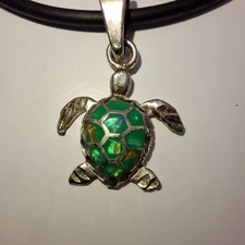 Silver Simulated Opal Green Sea Turtle Tropical Slide Pendant & Choker Necklace