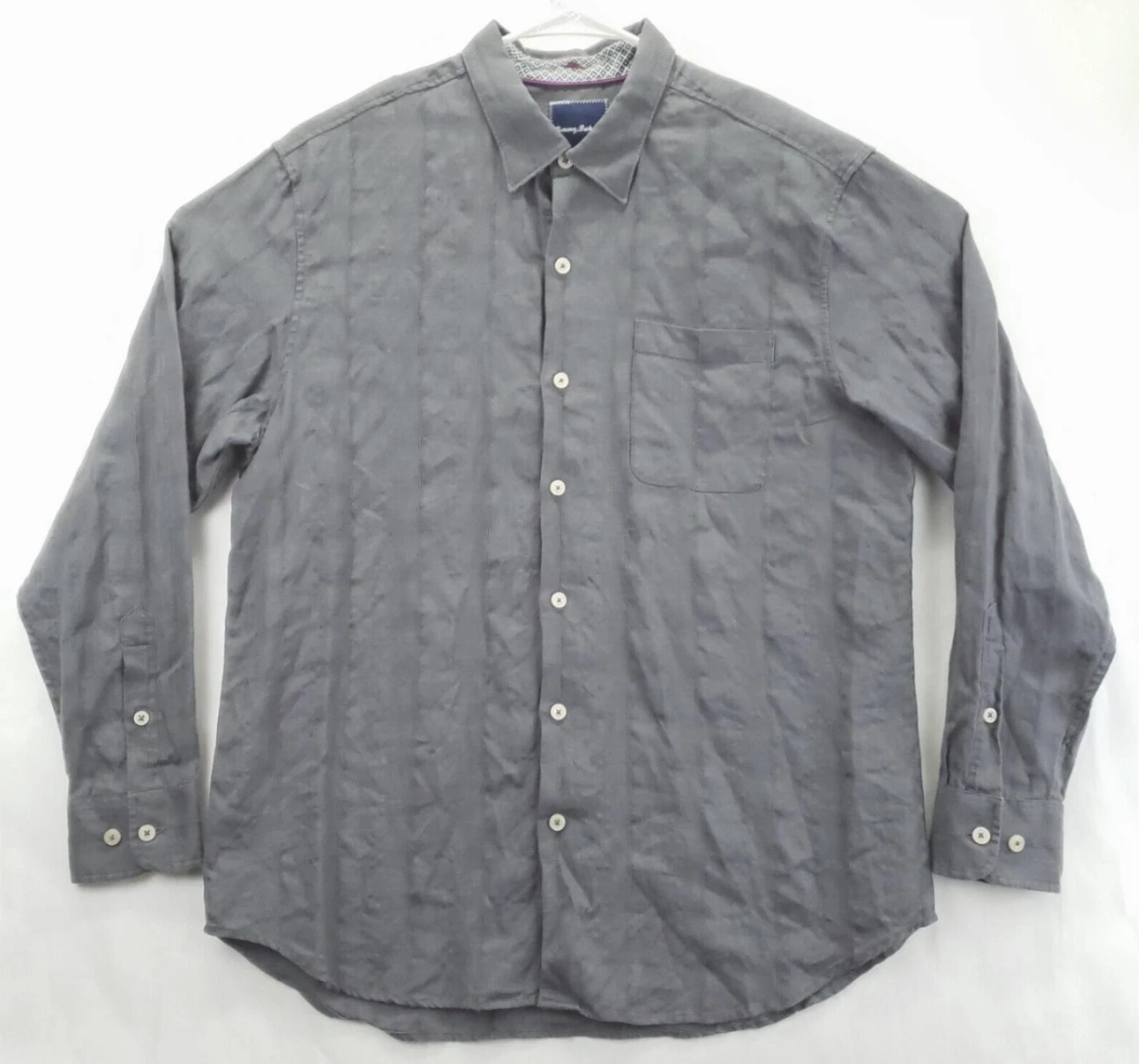 Tommy Bahama Shirt Mens Large Gray Linen Pocket Classic Button-Up