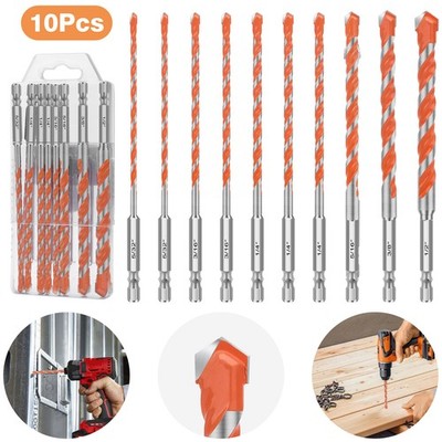 10PCS Concrete Carbide Drill Bits Set 1/4'' Hex Shank Masonry Tile Glass Brick