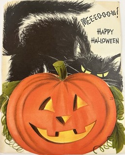 VTG Christmas Greeting Card Halloween Black Cat Honeycomb Pumpkin X large