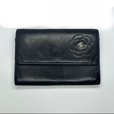 CHANEL Camellia Card Case Black Leather 606 Vintage Style japan used item